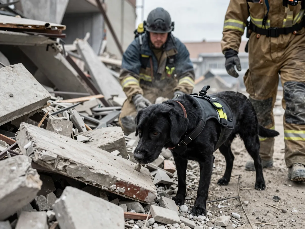 Heroic search and rescue black labrador jake working in disaster rubble