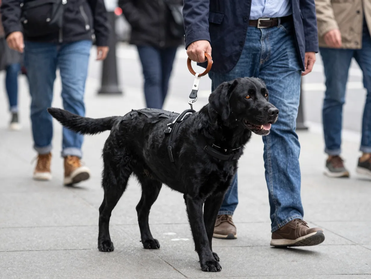 Gentle black labrador guide dog leading visually impaired handler on street