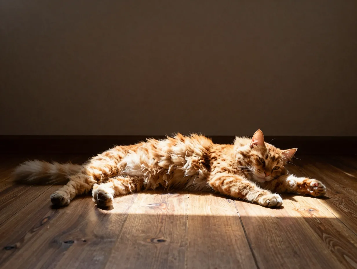 Orange cat stretched out boneless in warm rectangle of sunlight