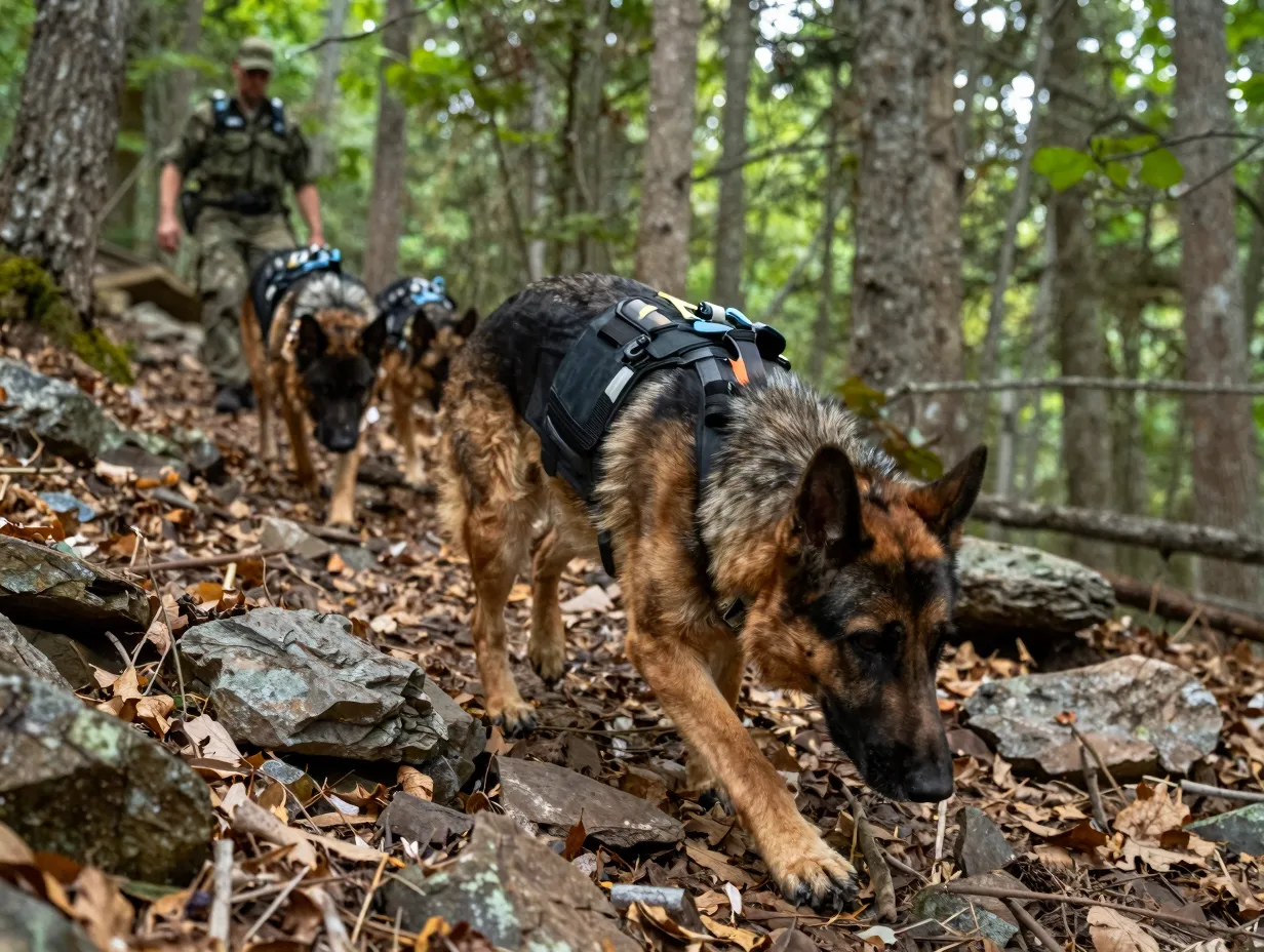 Stella search and rescue dog tracks scent in appalachian forest