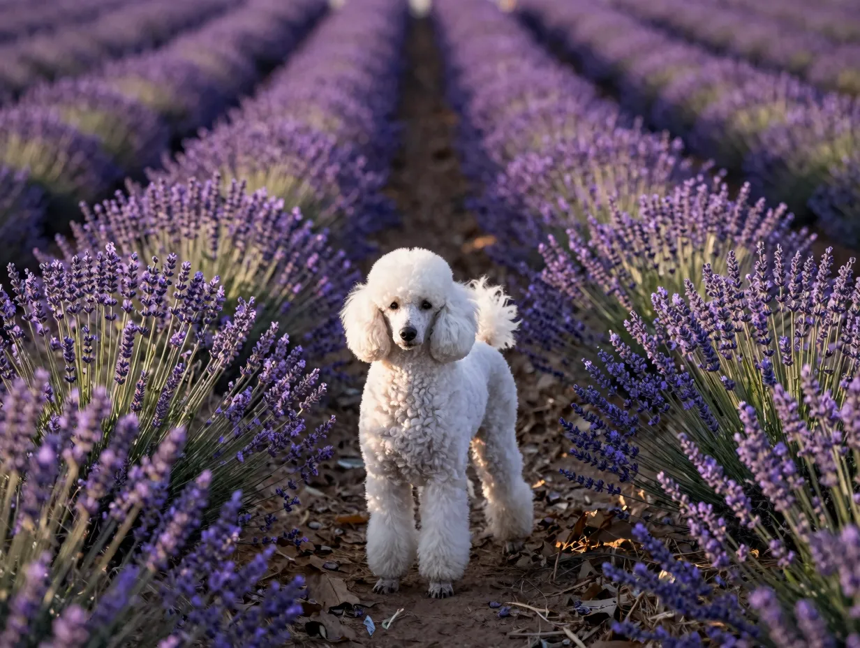 White poodle standing symmetrically in a lavender field