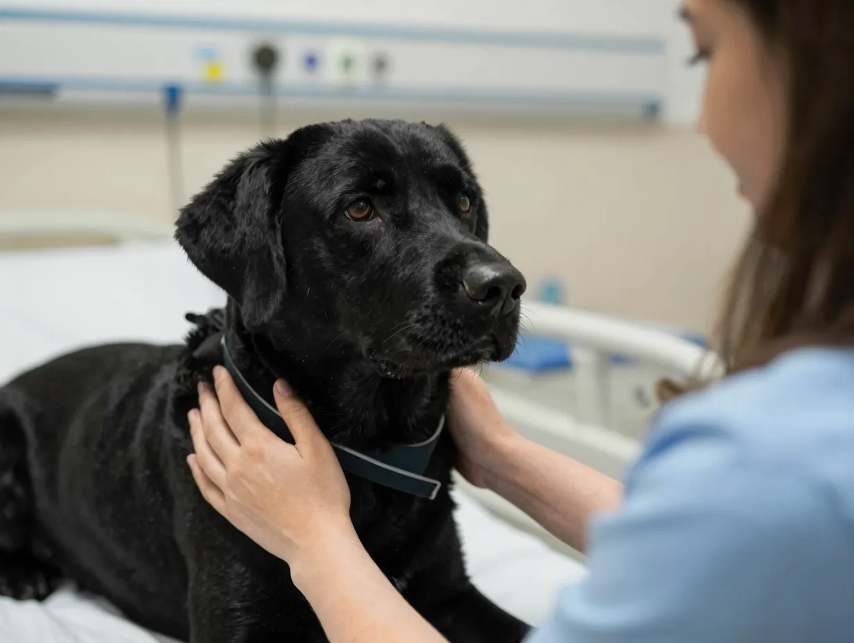 Enthusiastic therapy black labrador comforting patient in hospital room