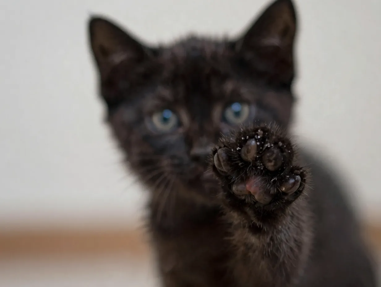 Tiny black kitten paw reaching out towards camera lens
