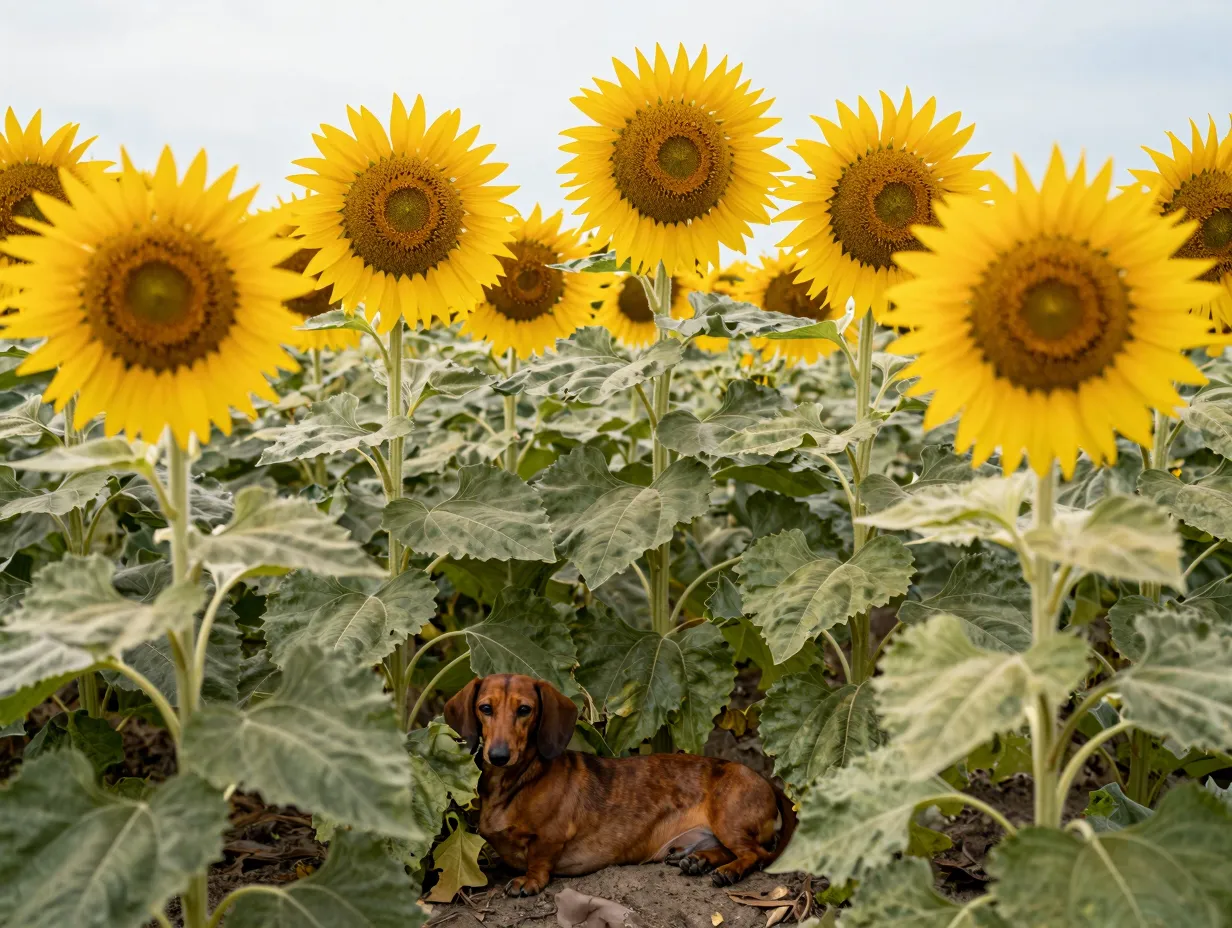Tiny dachshund nestled at the base of towering sunflowers