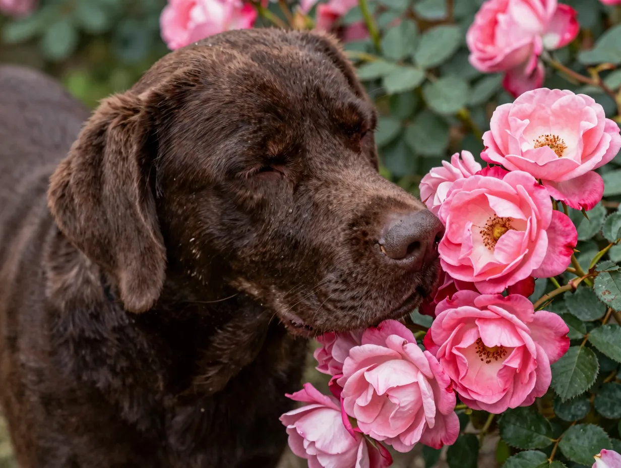 Chocolate labrador sniffing pink roses with closed eyes