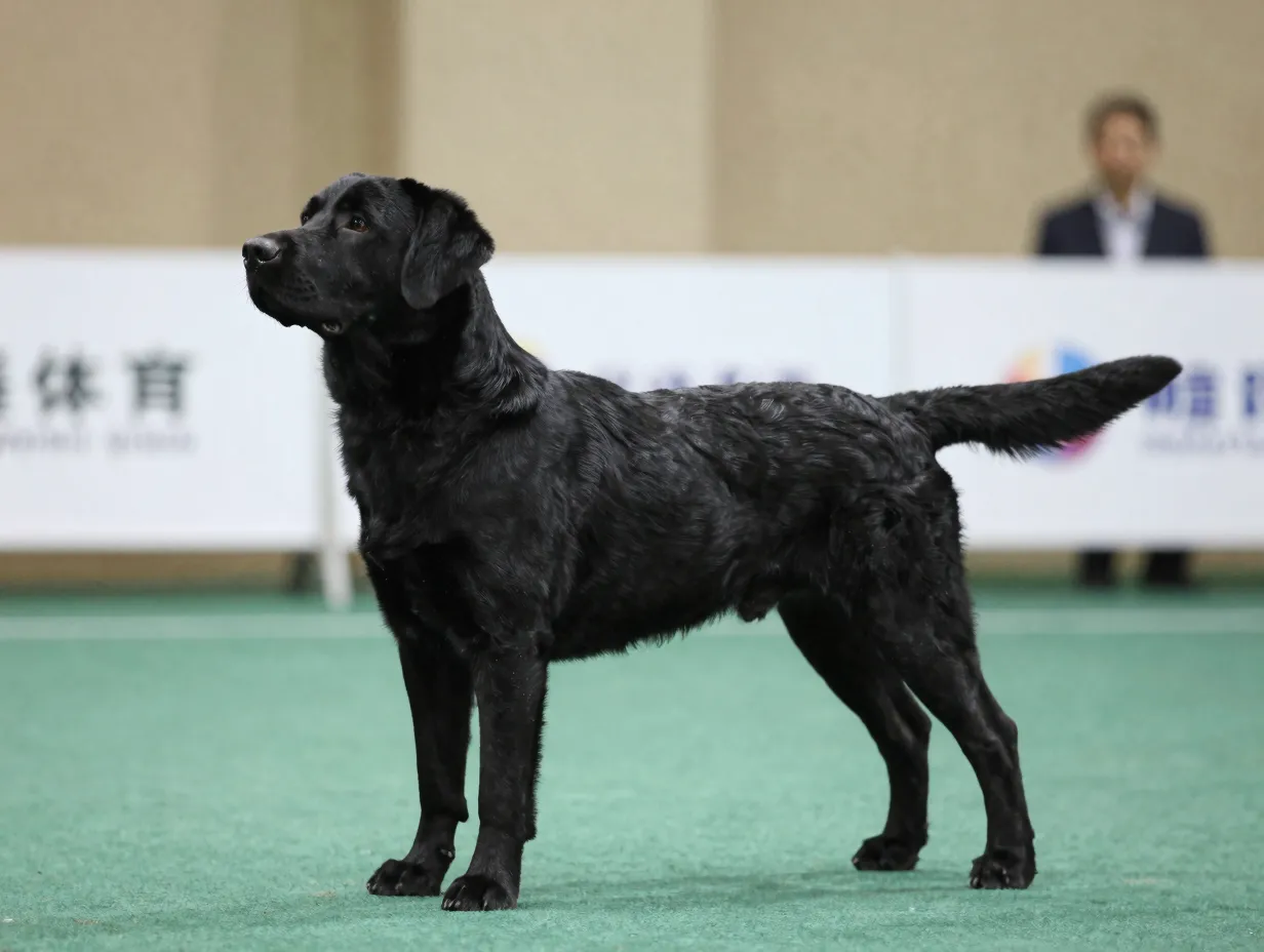 Competitive english show black labrador posing in dog show ring
