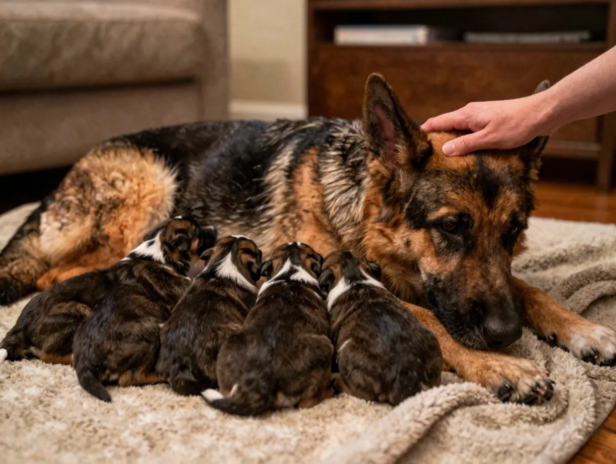 Roxy mother dog nurses puppies in cozy foster home