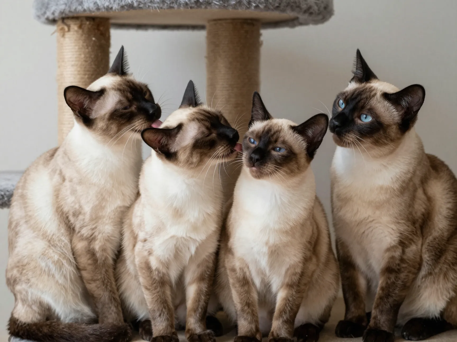 Two siamese cats grooming each others ears contentedly purring