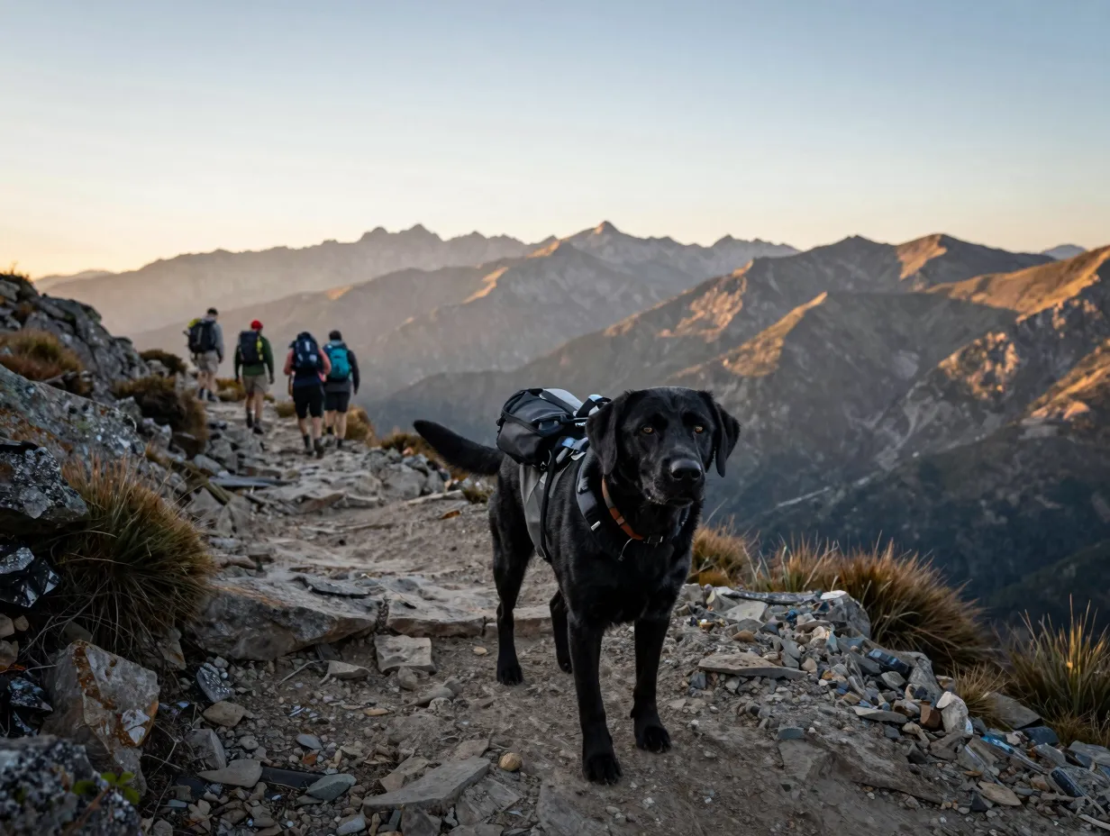 Adventurous outdoor explorer black labrador hiking on mountain trail