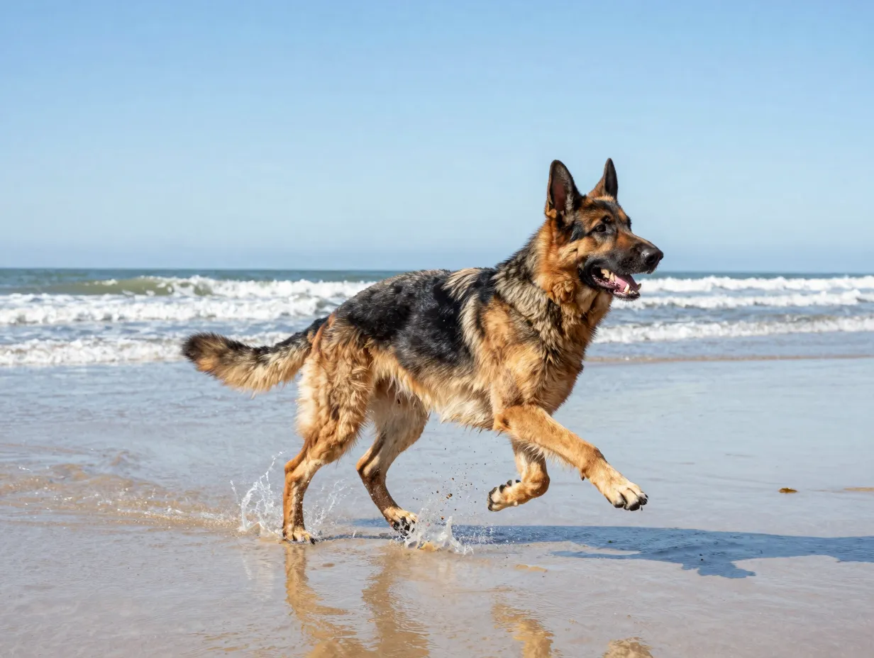 Atlas rehabilitated shepherd runs on beach after leg surgery