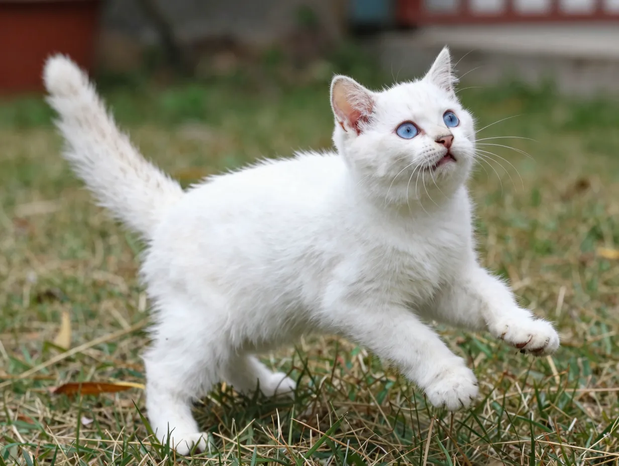 Playful white kitten frozen mid pounce eyes wide ears forward