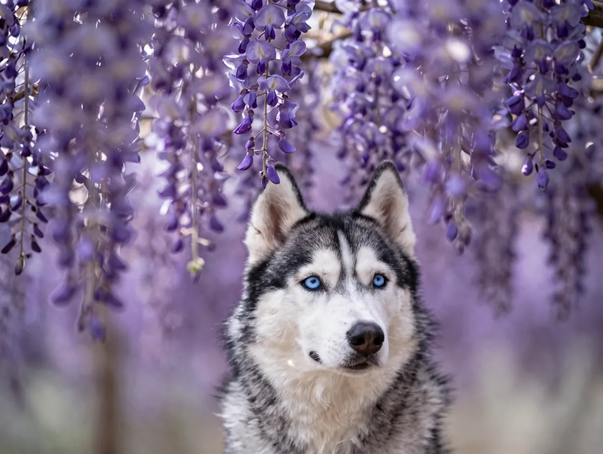 Siberian husky gazing through a purple wisteria canopy