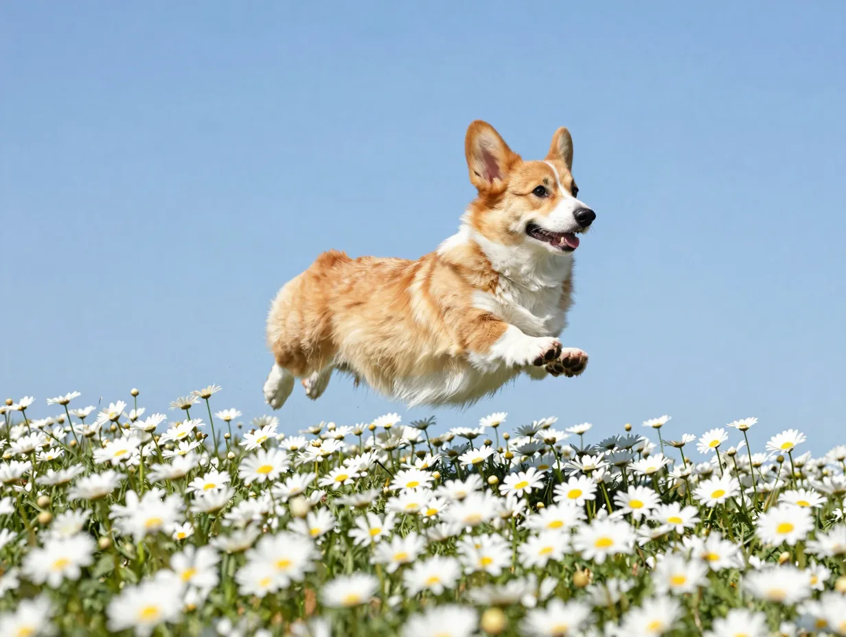 Corgi leaping mid air in a field of white daisies