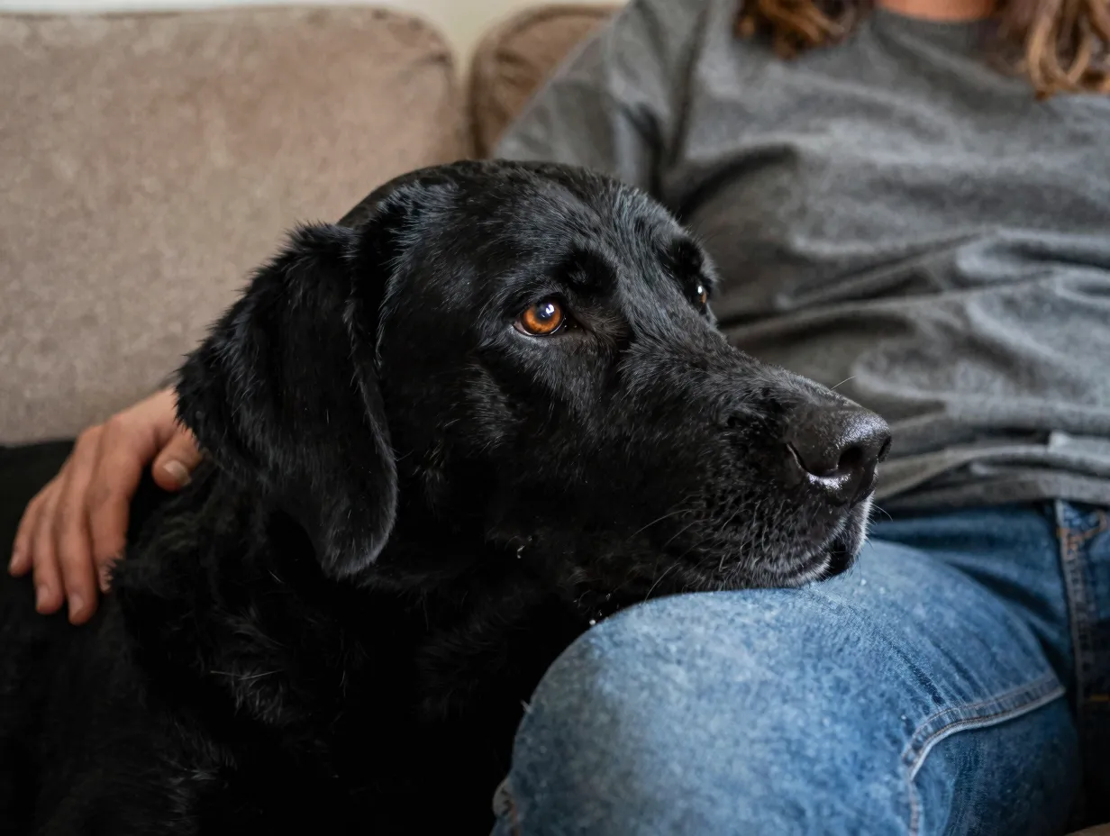Loyal emotional support black labrador providing comfort on couch