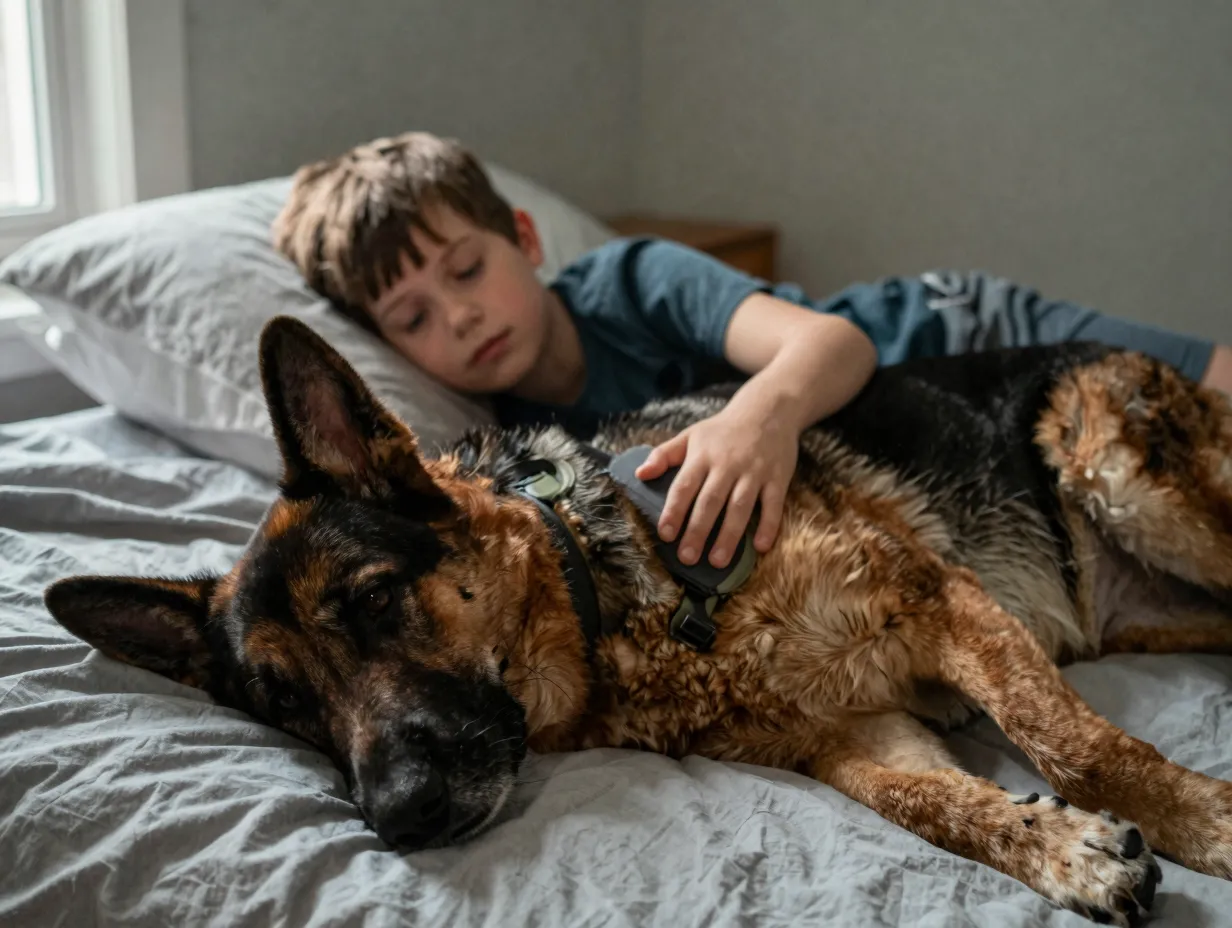 Shadow comforting dog provides deep pressure to autistic child
