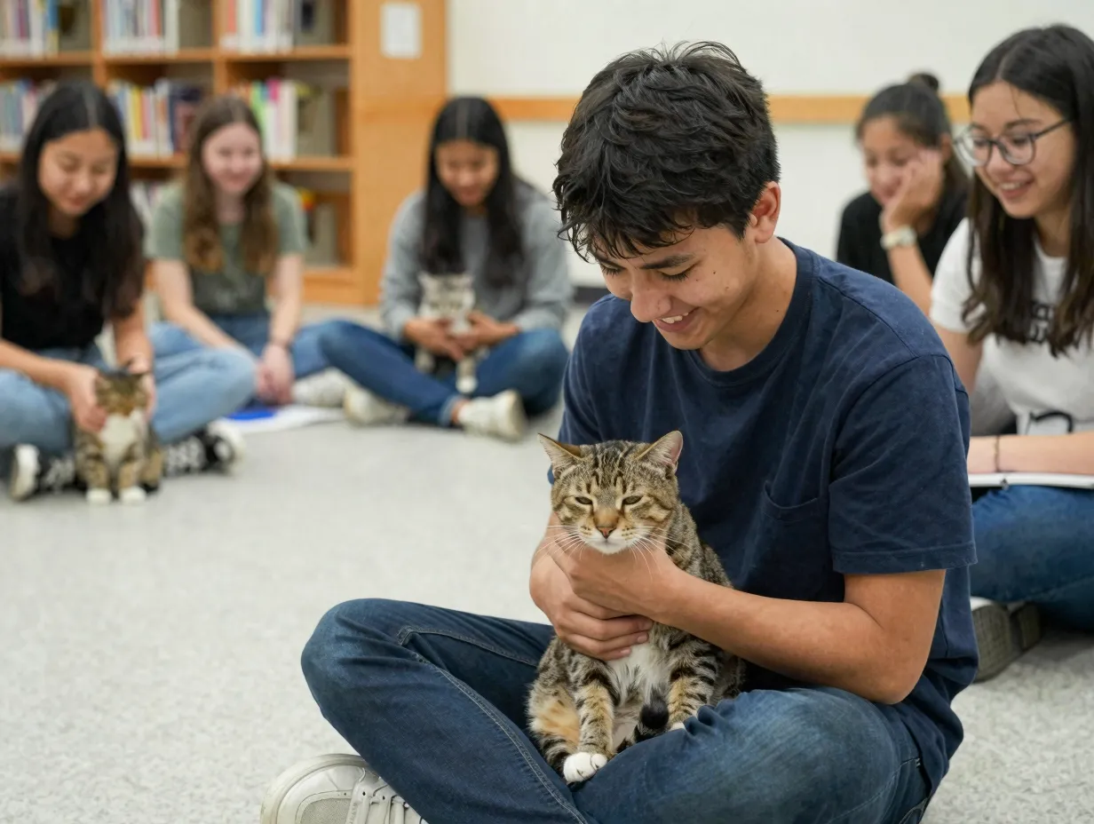 University student smiling while holding cat in therapy session