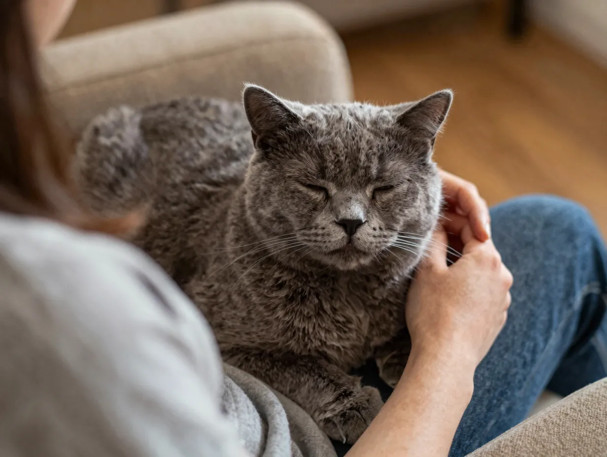 Contented purring cat resting on persons lap eyes half closed