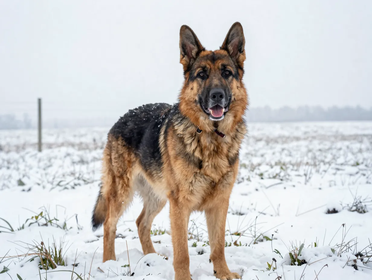 Grace rescued shepherd healthy and joyful in snowy field