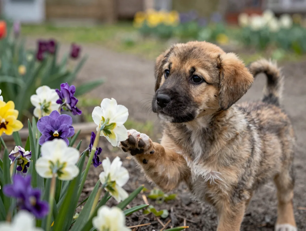 Mixed breed puppy discovering spring blooms for the first time