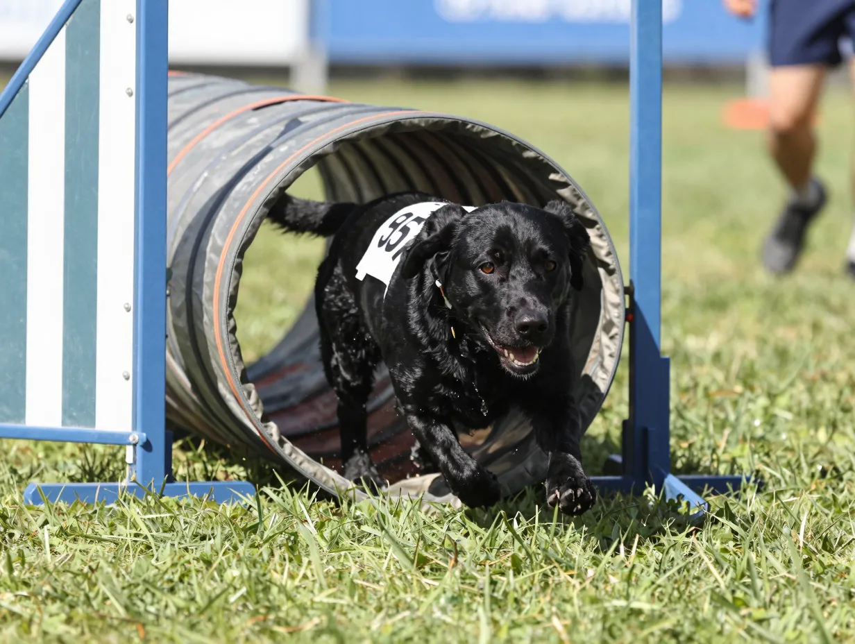 Playful canine athlete black labrador competing in agility tunnel