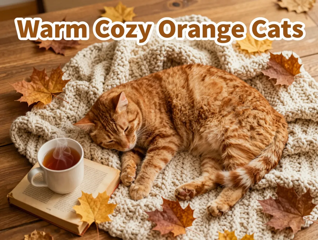 Flatlay orange tabby asleep on knit blanket with autumn leaves tea book
