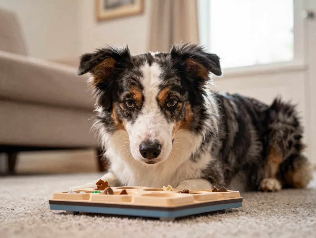 Australian border collie solving dog puzzle on living room floor