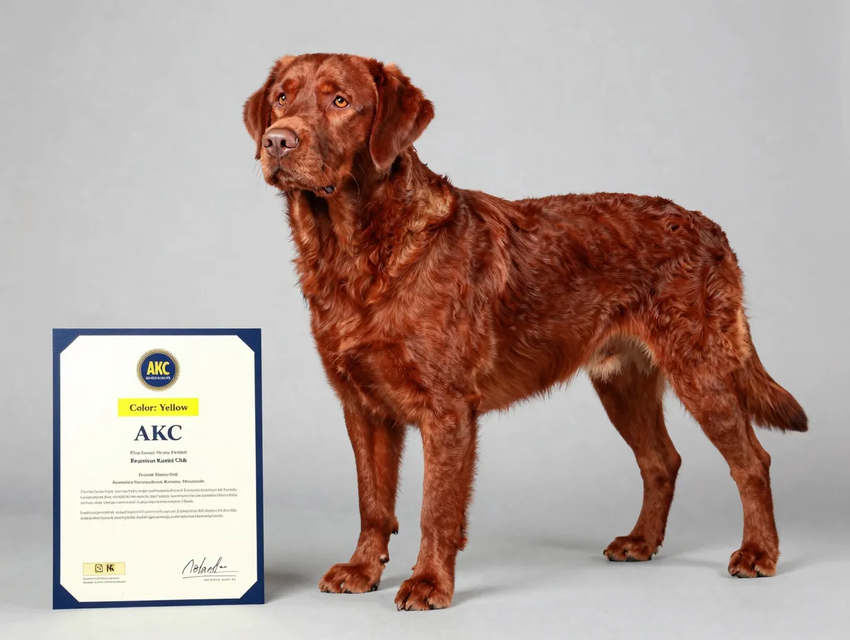 Fox red labrador standing on official akc certificate with yellow label