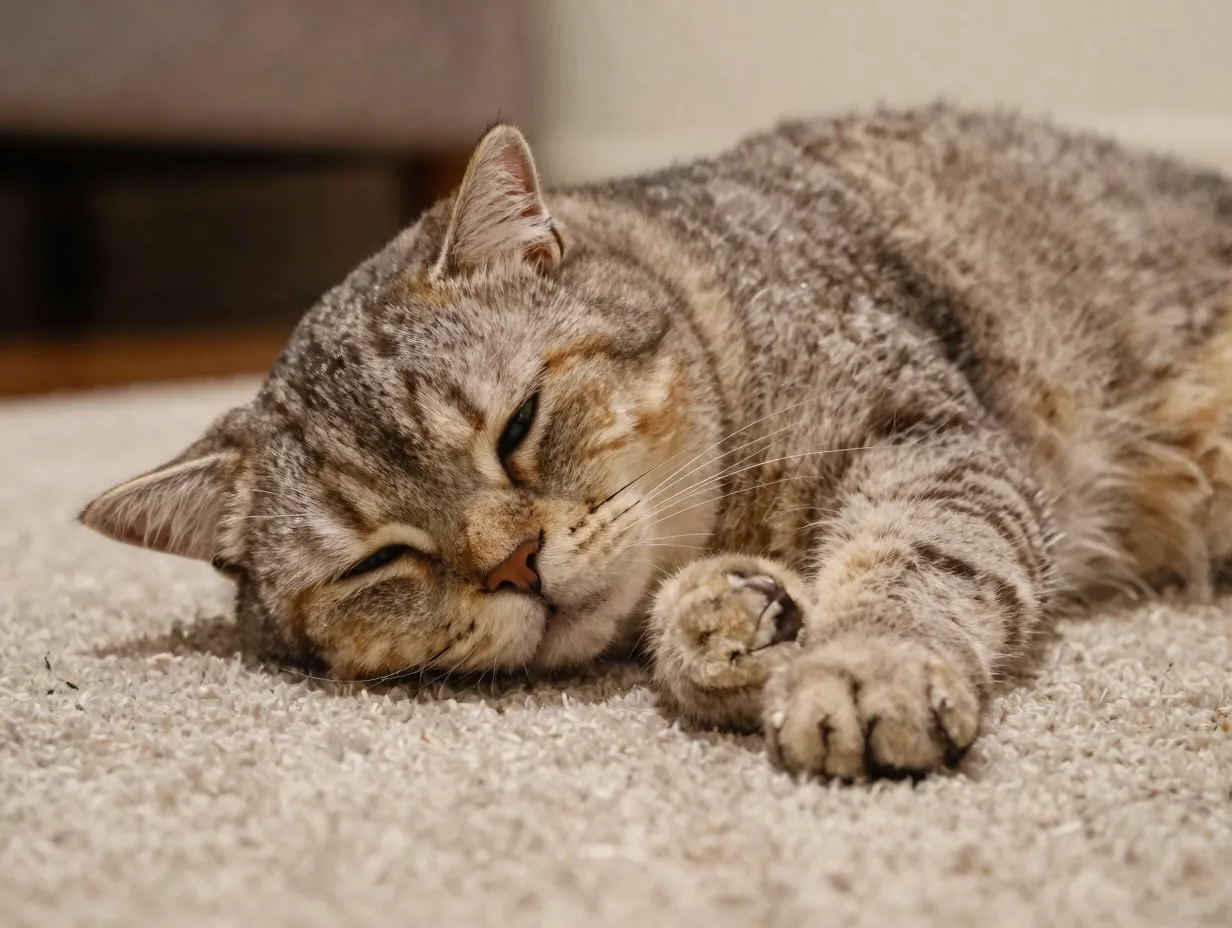 Sleeping cat loaf with tucked paws resting on a rug