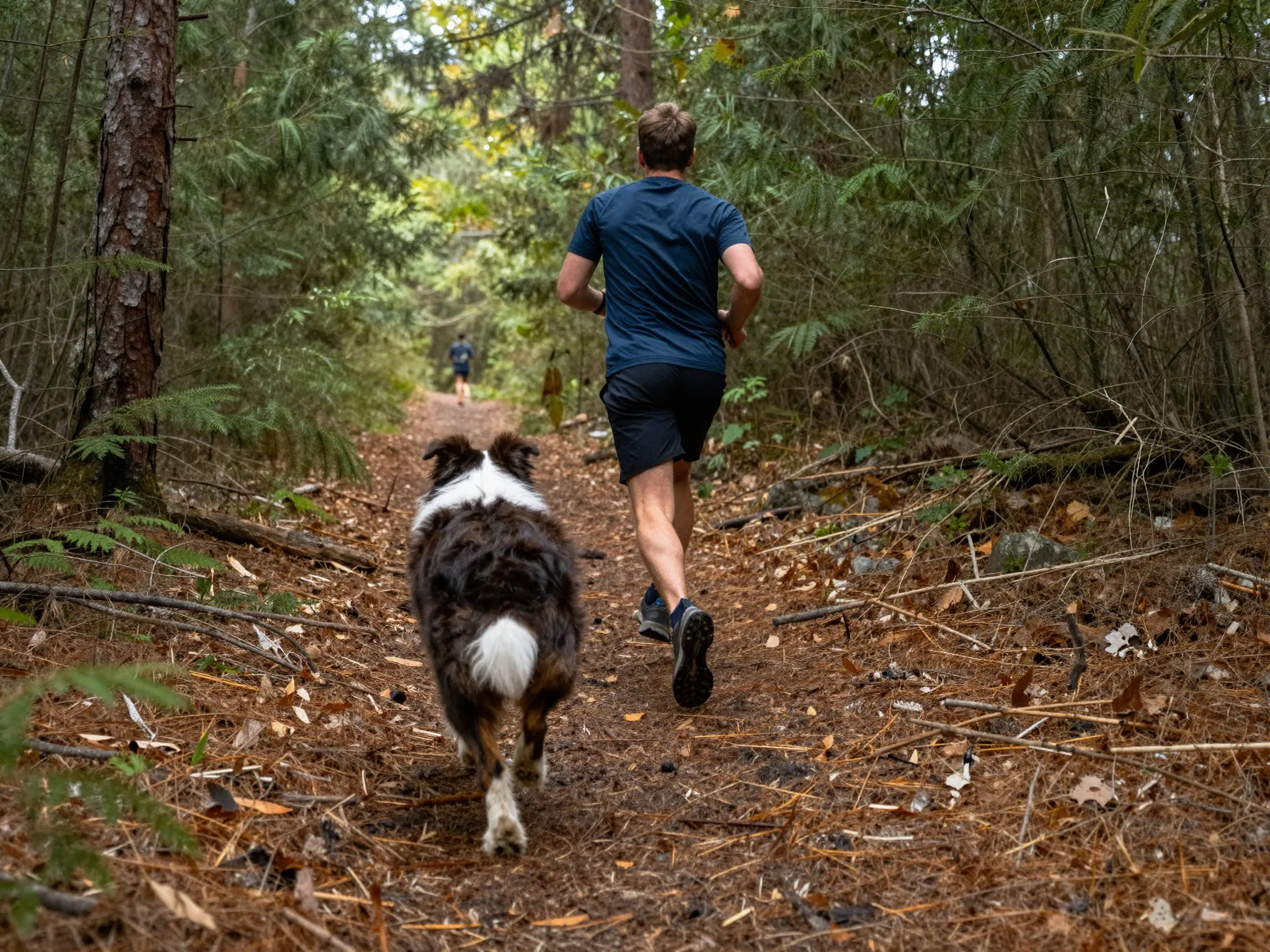 Border aussie running alongside owner through forest trail