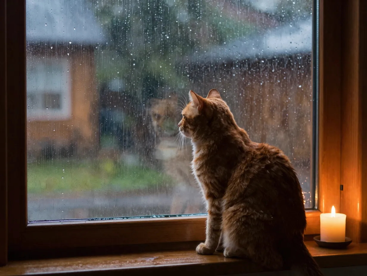 Orange cat watching rain streaked window indoor cozy scene