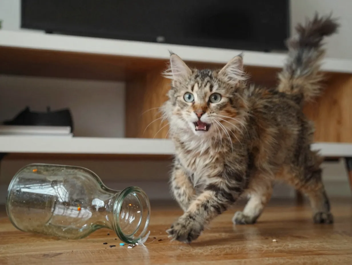 Blurry cat sprinting mid zoomies knocking over a vase
