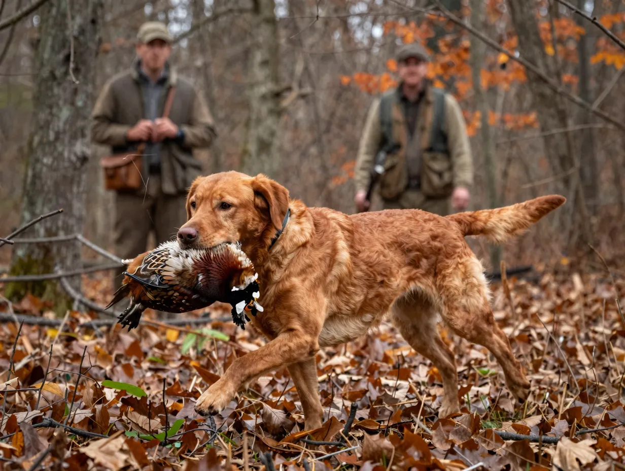 Fox red labrador retrieving pheasant in autumn woodland hunting scene