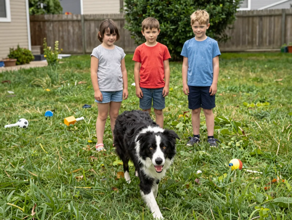 Herding dog intently circling a small group of children in yard