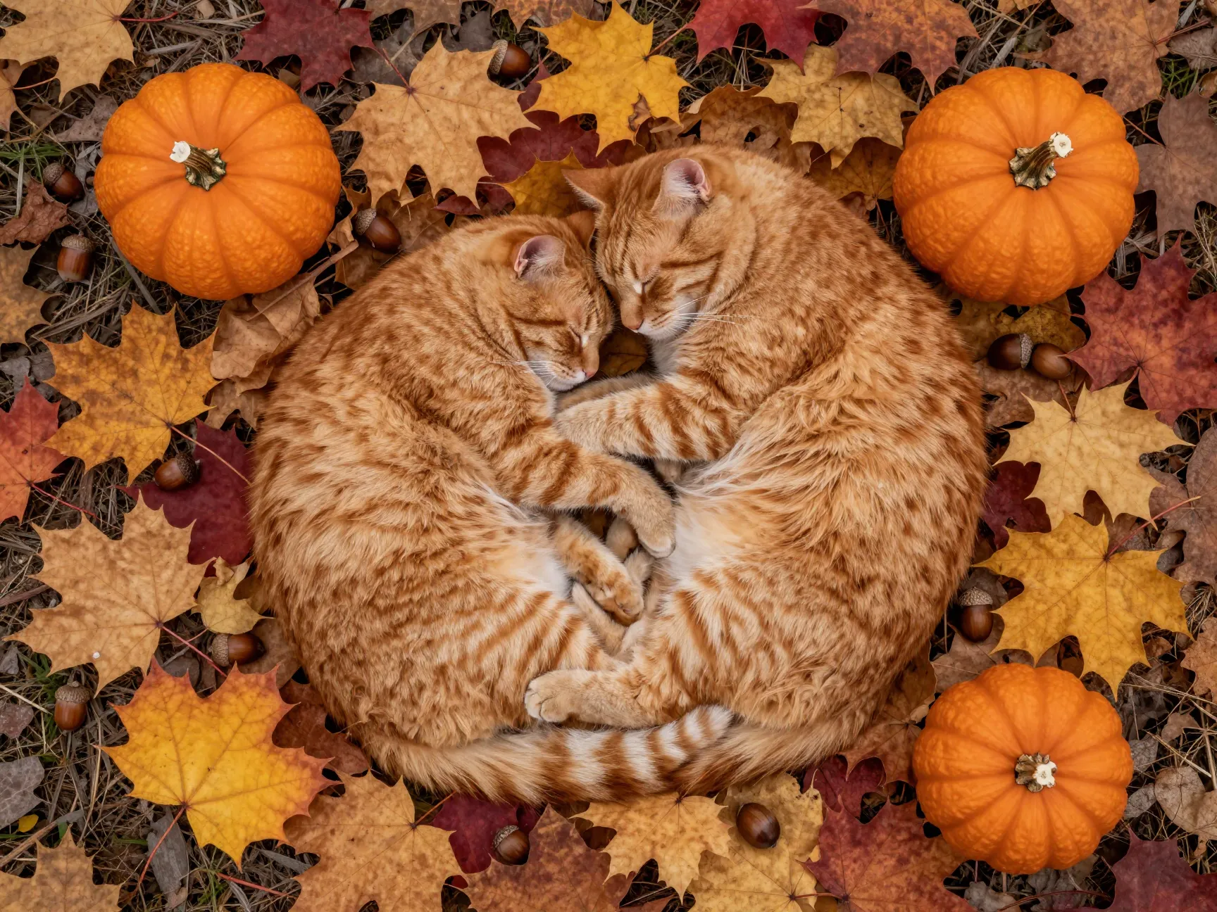 Orange cat nestled among autumn leaves maple acorns pumpkin flatlay