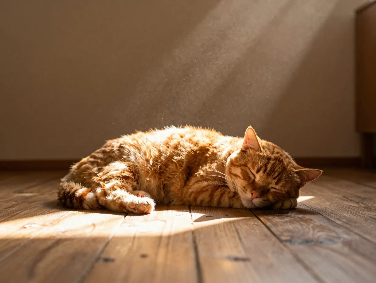 Orange cat sleeping sunbeam golden hour light dust motes