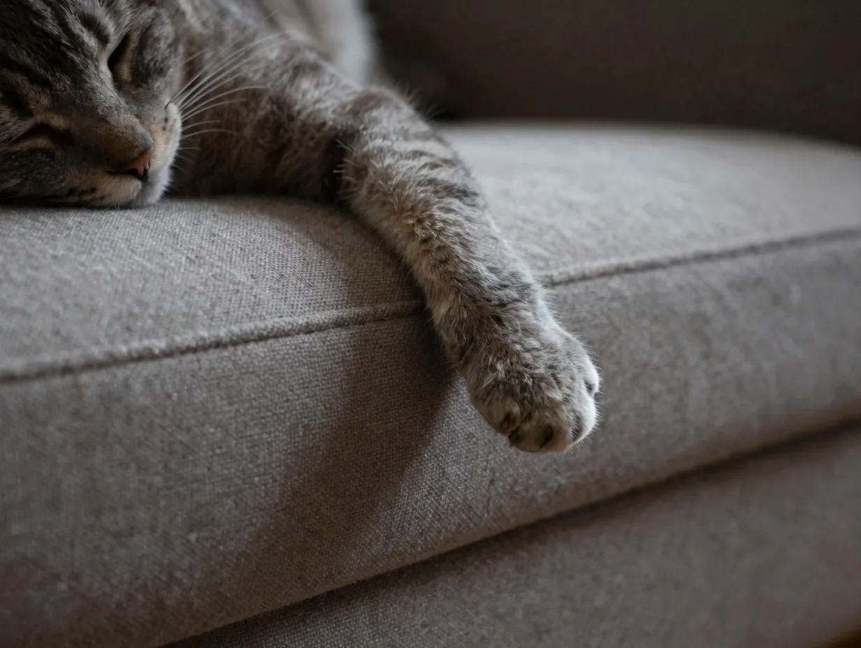 Sleeping cat paw dangling over the edge of a couch