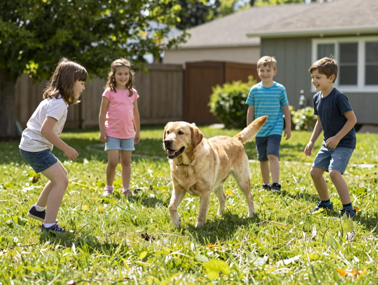 Fox red labrador playing gently with children in family backyard scene