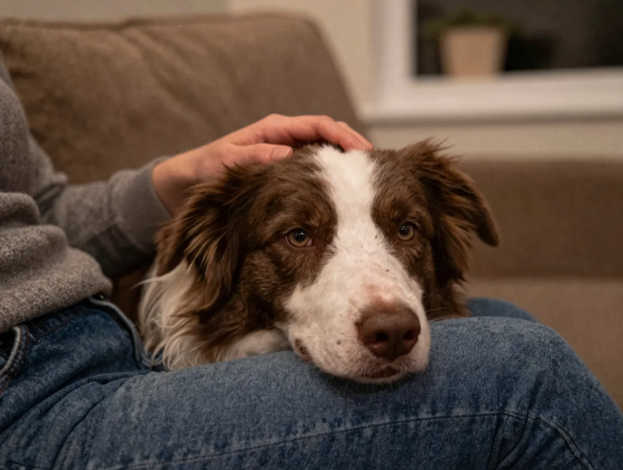 Loyal dog resting its head affectionately on owners lap indoors