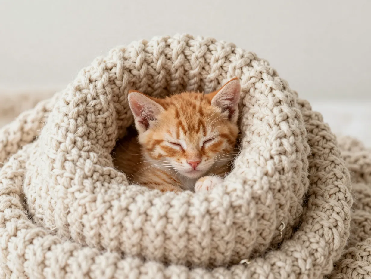 Tiny orange kitten curled on chunky cream knit blanket texture