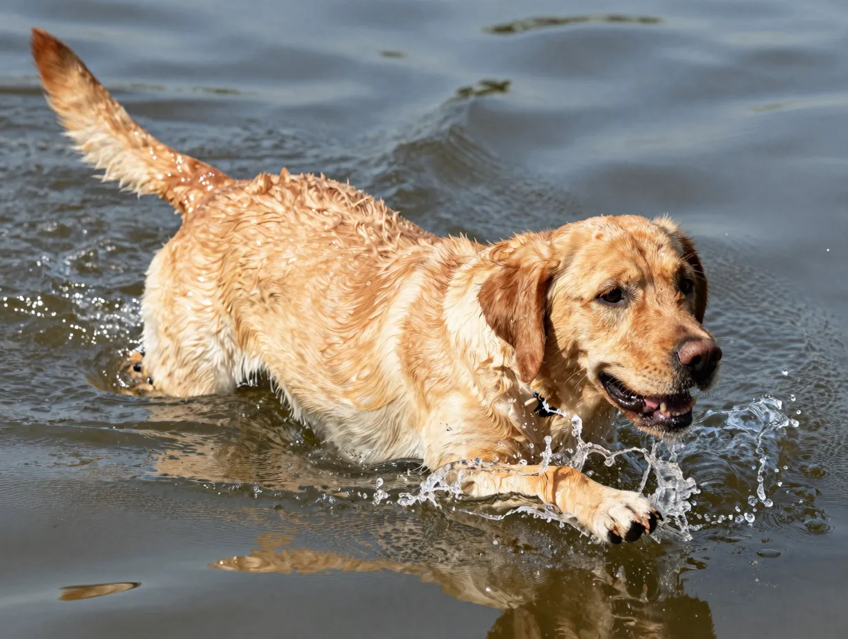 Fox red labrador swimming in lake showing webbed feet water resistant coat