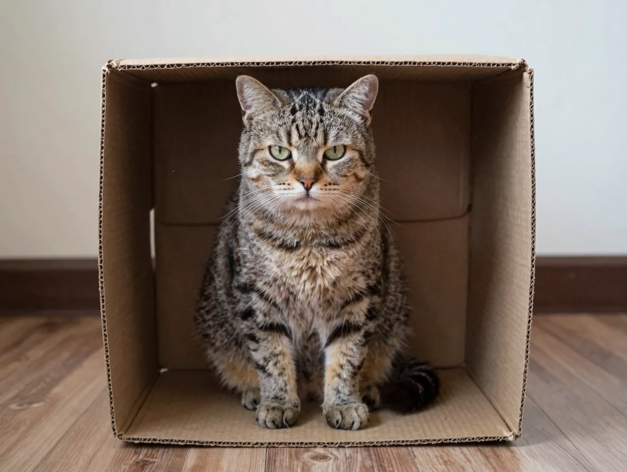 Large cat sitting seriously in a comically small cardboard box