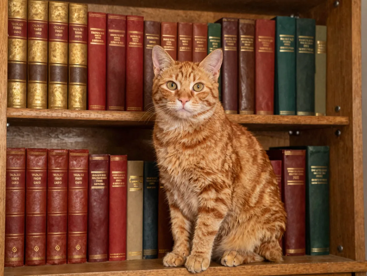Orange cat perched on bookshelf among colorful leather bound books