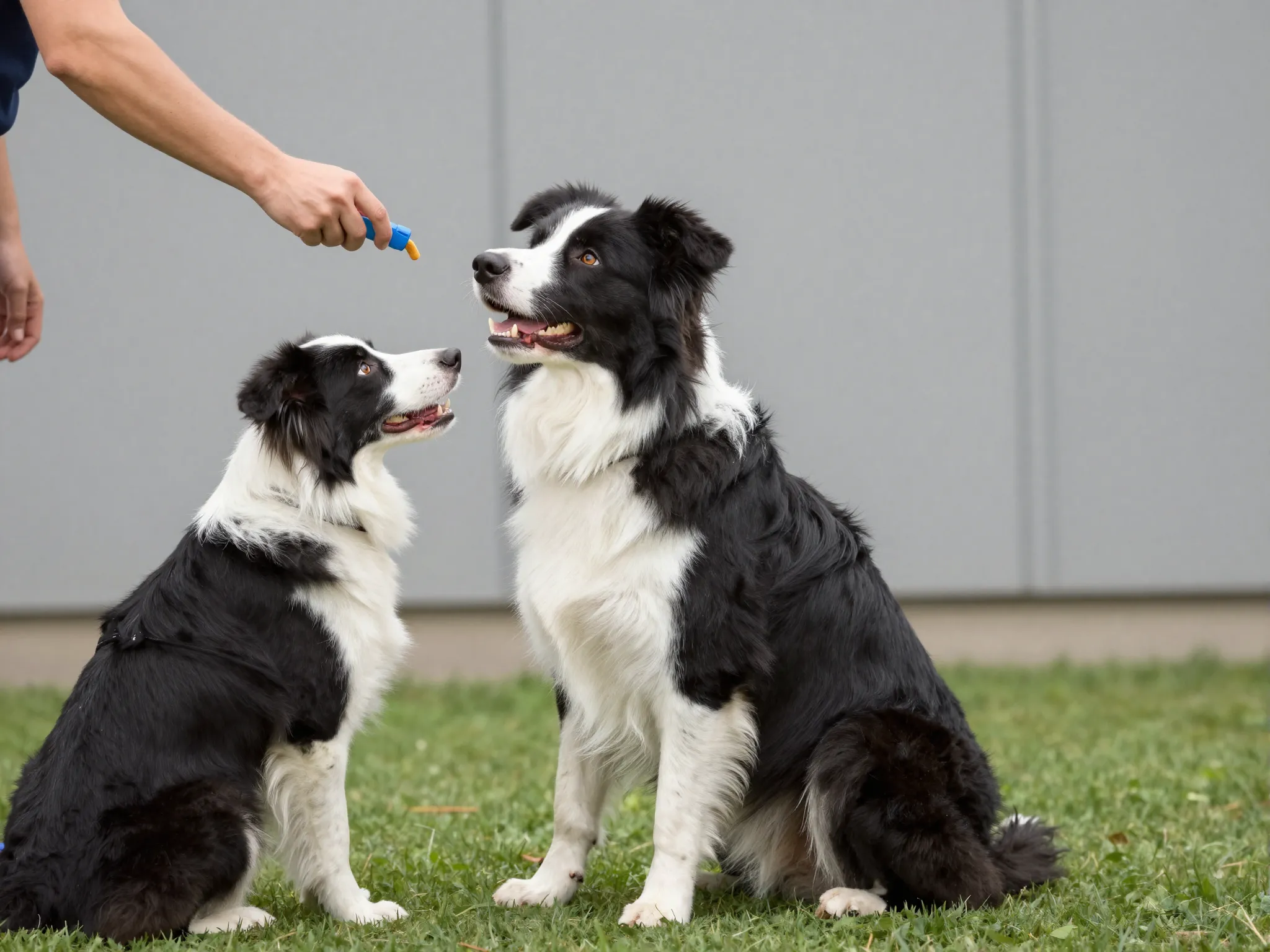 Owner using clicker to train border aussie in basic obedience command