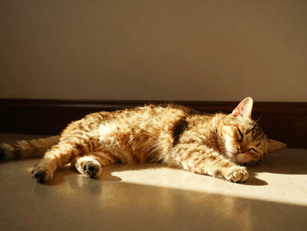 Cat stretched out glowing in a golden rectangle of sunlight