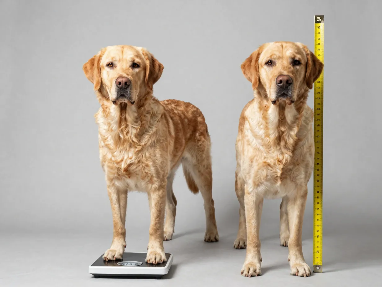 Fox red labrador standing next to weight scale and measuring height tape
