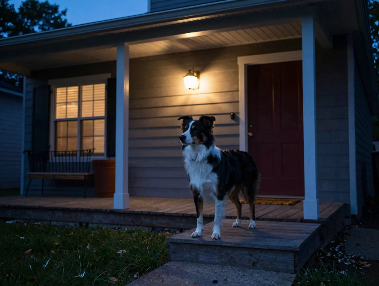 Watchdog alertly standing guard on a front porch at dusk