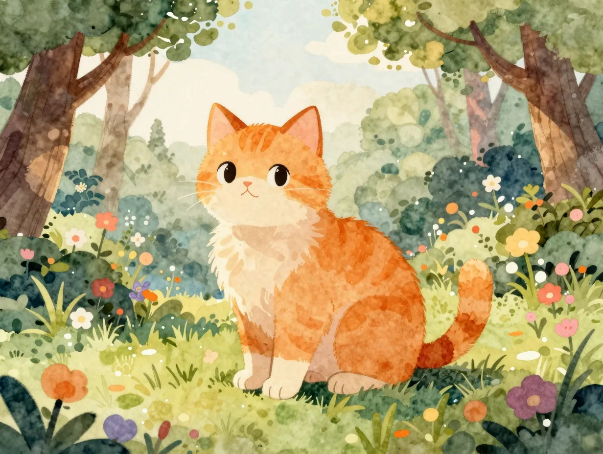 Watercolor illustration orange cat whimsical artistic wallpaper