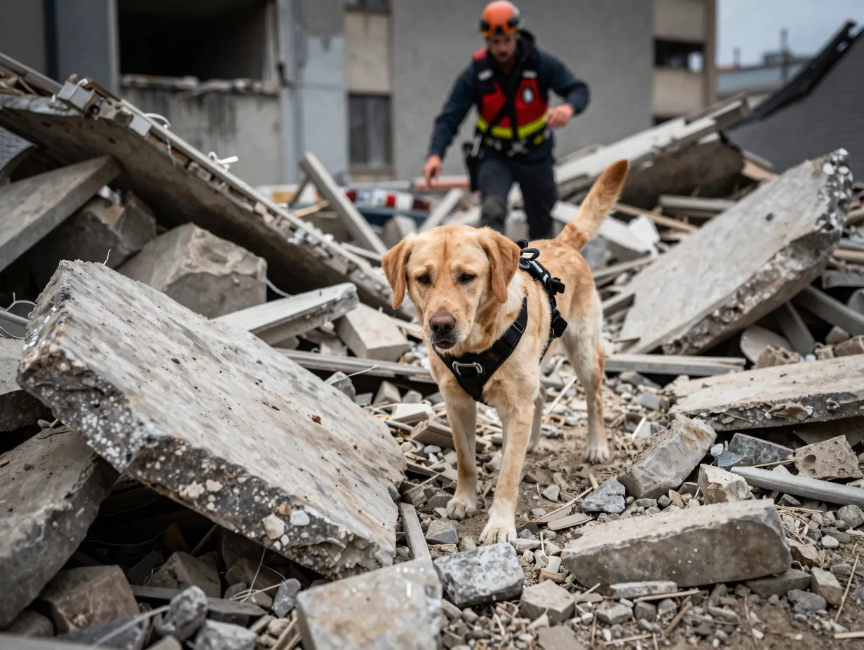 Fox red labrador searching through rubble in urban search and rescue scene