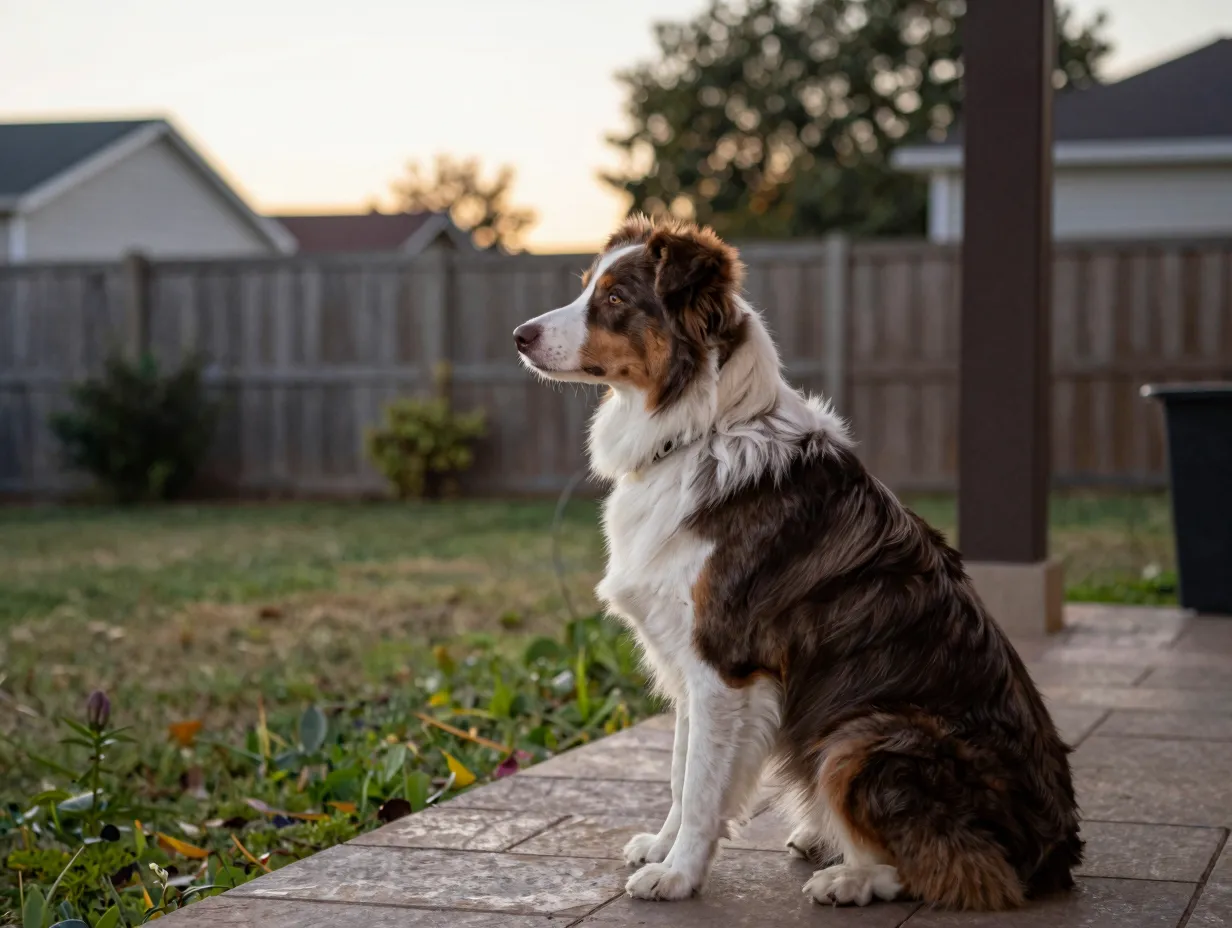 Quiet border aussie sitting calmly observing backyard from patio