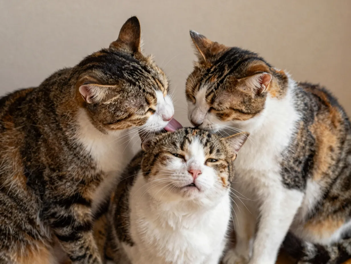 Two cats grooming each other one licking the others head